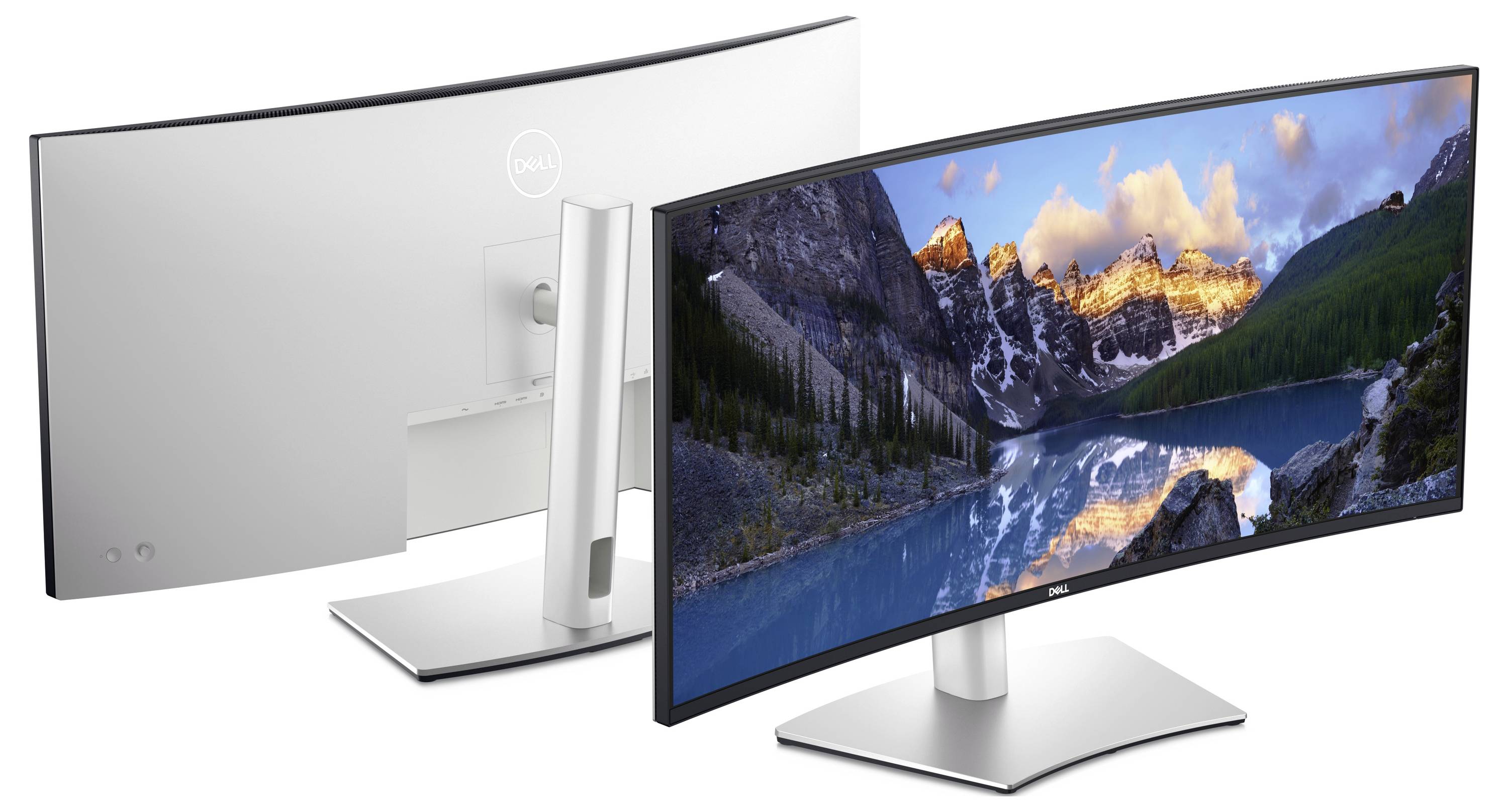 Zakřivené ultraširokoplošné monitory zobrazující horskou krajinu. Jeden je zobrazen zezadu s minimalistickým designem, který zdůrazňuje elegantní stojan.