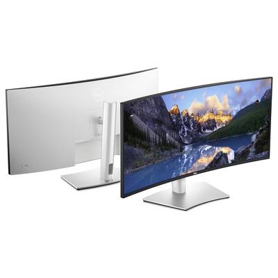 Zakřivené ultraširokoplošné monitory zobrazující horskou krajinu. Jeden je zobrazen zezadu s minimalistickým designem, který zdůrazňuje elegantní stojan.
