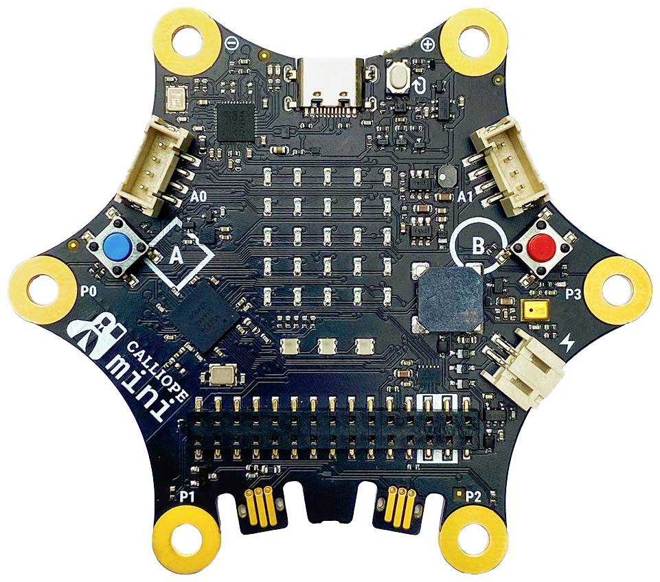 Obrázek ukazuje hvězdicovitou desku mikrokontróleru nazvanou Calliope mini s konektory, tlačítky a LED indikátory.