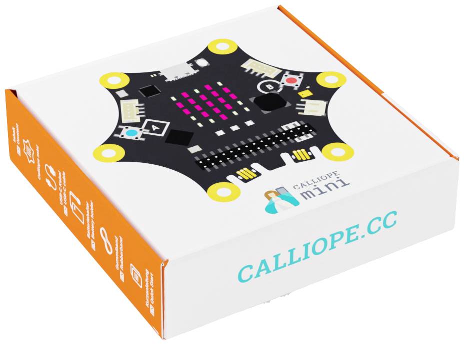 Balení Calliope mini s obrázkem mikrokonrolérové desky nahoře. Vlevo oranžová strana obalu.