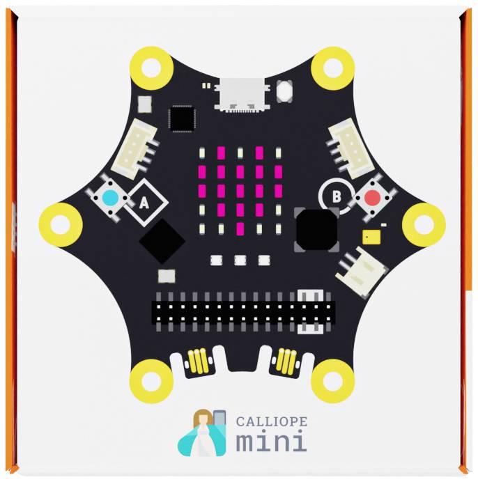 Deska Calliope Mini s různými senzory a LED displeji na bílém pozadí.