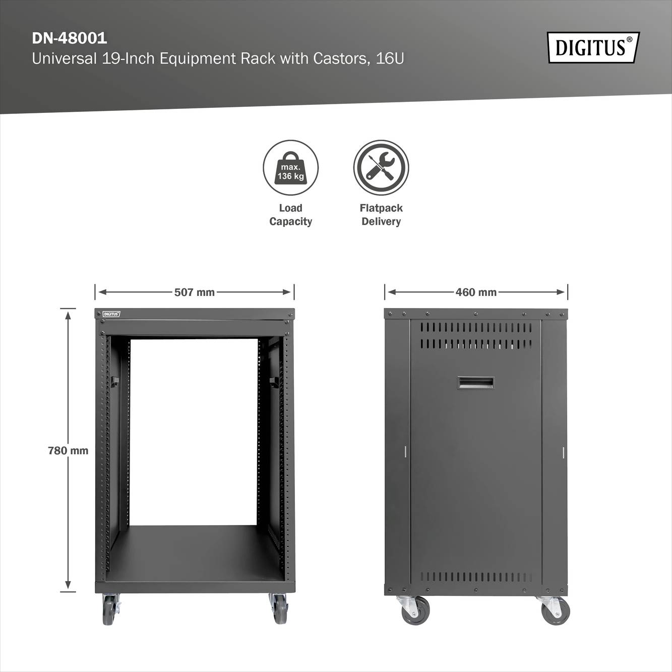 Digitus DN-48001 19palcový rackový vozík 16 U ocelový plech-11