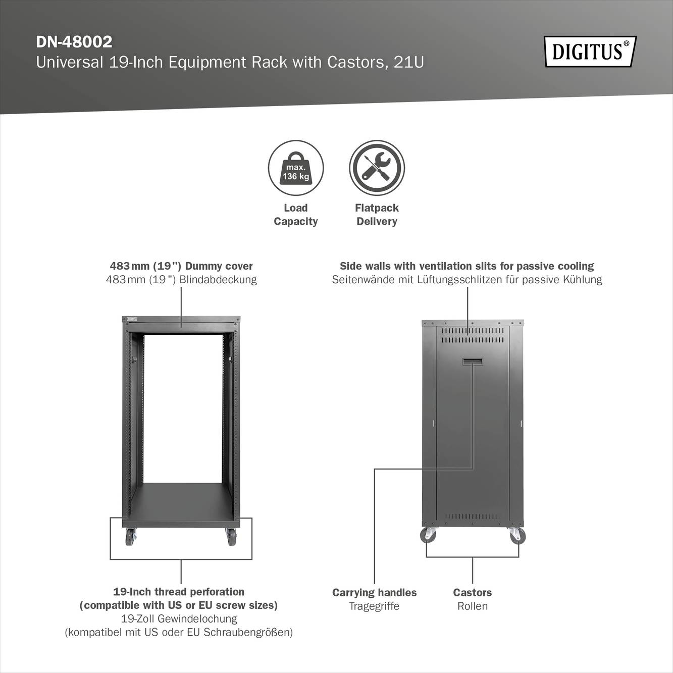 Univerzální 19palcový serverový stojan na kolečkách, 21U, boční stěny s větracími otvory, 483mm krycí panel, transportní rukojeti, symboly nosnosti a ploché balení nahoře.