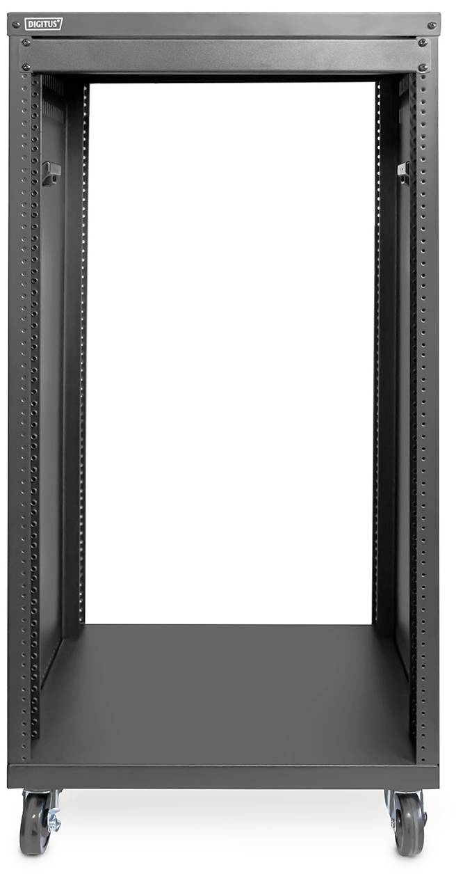 Černá mobilní serverová skříň na kolečkách, prázdná, vhodná pro montáž IT komponent, s rozměry pro 19palcová zařízení.