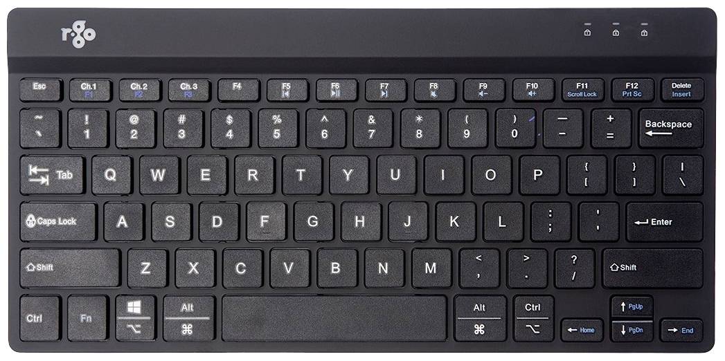Černá bezdrátová klávesnice s kompletním QWERTY rozložením, funkčními klávesami a speciálními ovládacími klávesami.