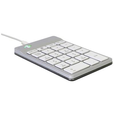 Štíhlá, stříbrná numerická USB klávesnice s bílými klávesami, vhodná pro dodatečný vstup u notebooků nebo kompaktních klávesnic.