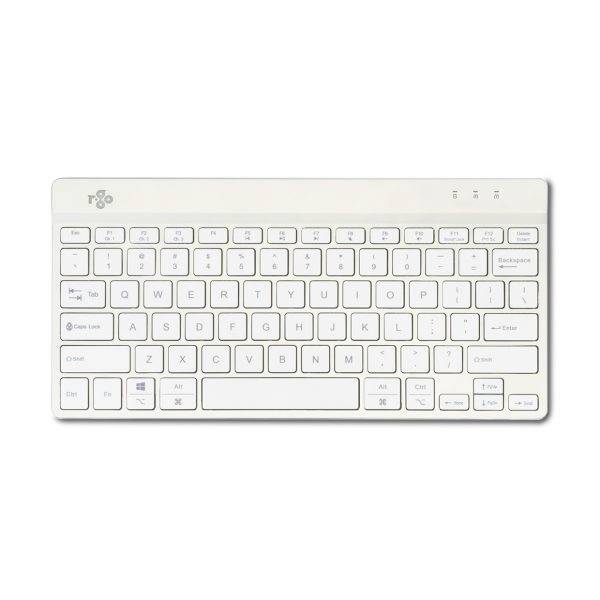 Bílá bezdrátová klávesnice s rozložením QWERTY, šipkovými klávesami a funkčními klávesami nahoře. Žádné další symboly nebo loga nejsou viditelné.