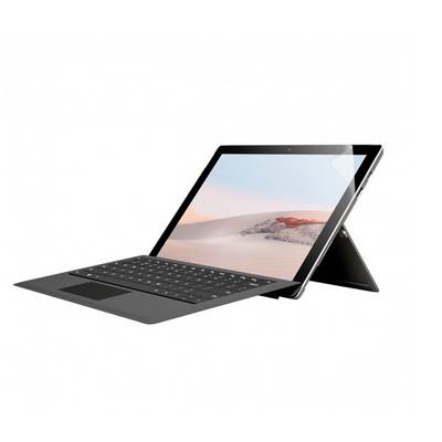 Černošedý tablet s odnímatelnou klávesnicí zobrazuje krajinu na obrazovce. Zařízení je umístěno v šikmém úhlu.