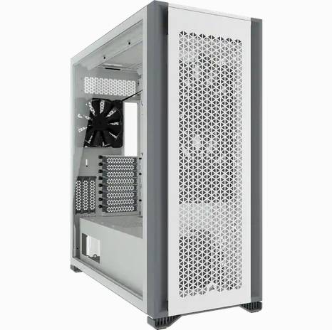 Šedý počítačový box s průhledným bočním okénkem a větranou přední krytkou, vhodný pro instalaci počítačových komponent.