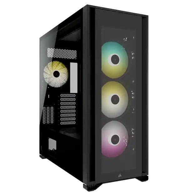 Počítačová skříň se skleněnou přední stranou a pohledem z boku. Obsahuje barevné RGB ventilátory vpředu i vzadu, moderní design vhodný pro herní počítače.