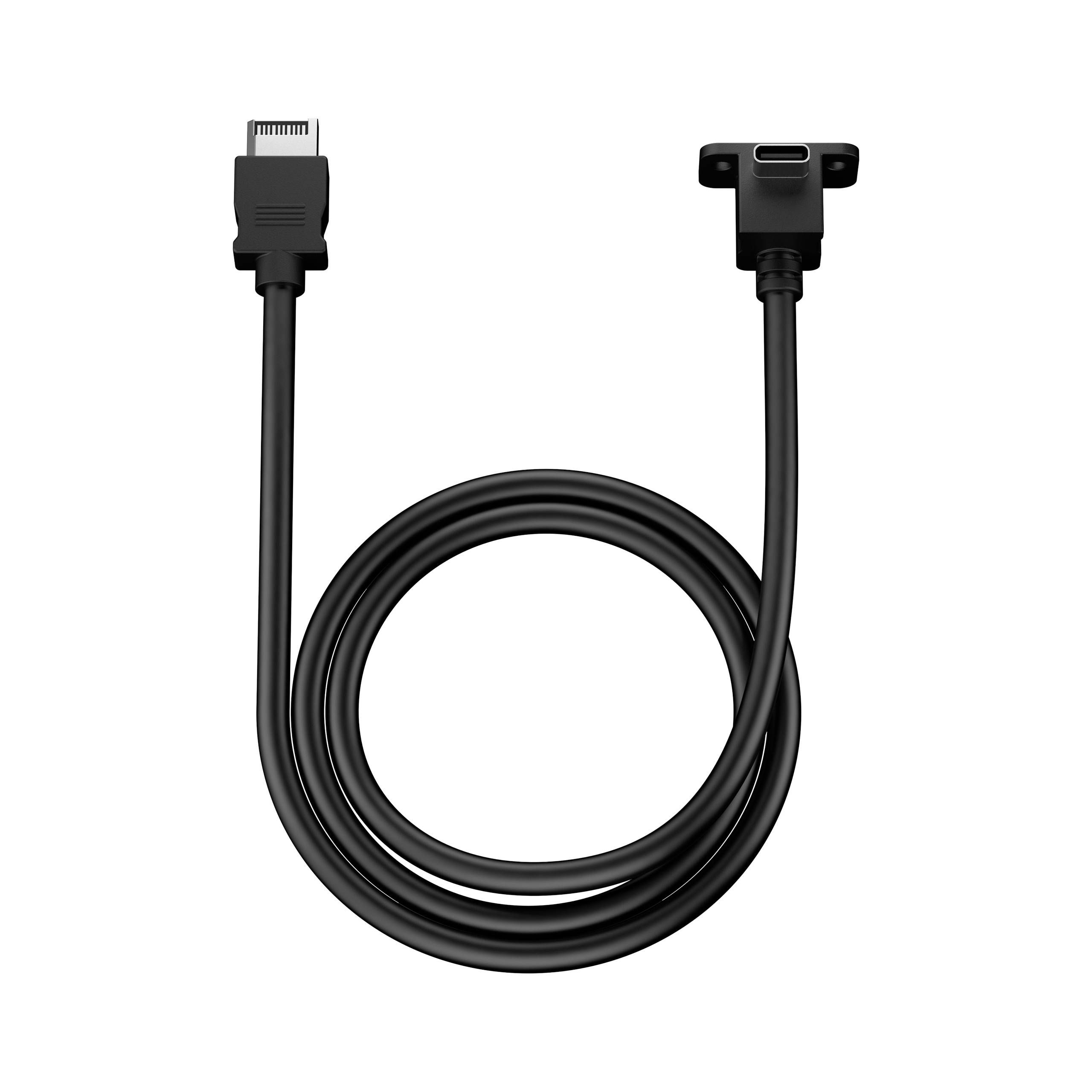 Černý USB kabel se dvěma různými konektory; vlevo standardní USB konektor a vpravo plošší, obdélníkový konektor.