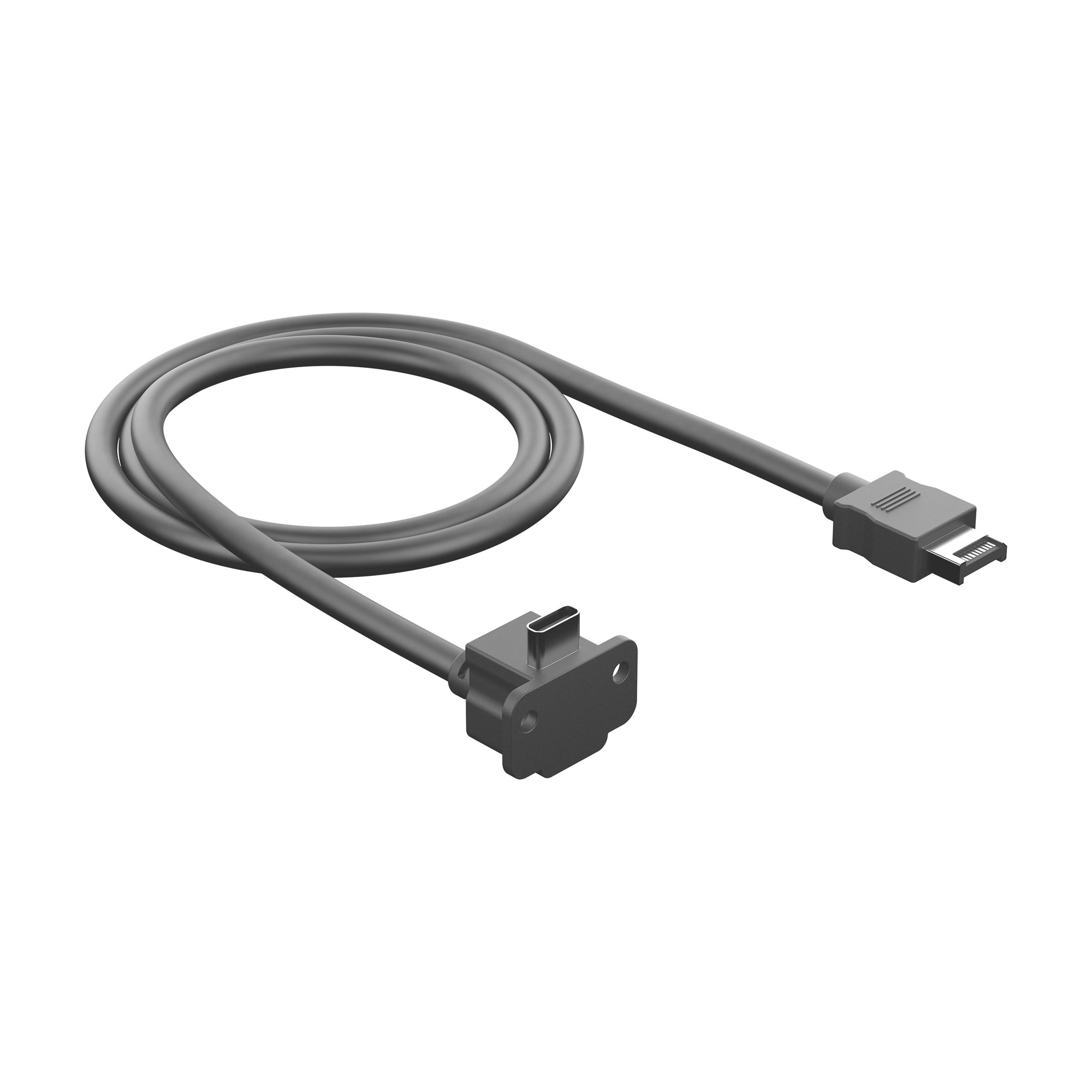 Šedý USB kabel s jedním konektorem a dokovacím vstupem, vhodný pro připojení zařízení, izolovaný na bílém pozadí.