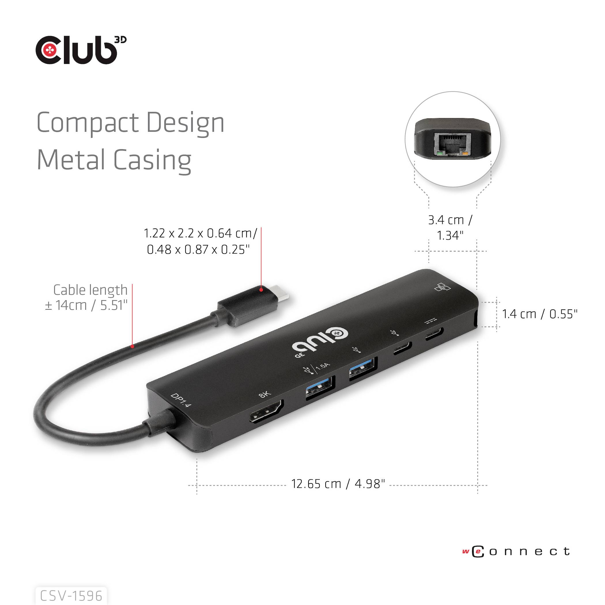 Kompaktní design, kovové tělo. USB hub s více porty a rozměry. Kabel: 14 cm délky. Obsahuje HDMI, USB-C, USB-A porty.