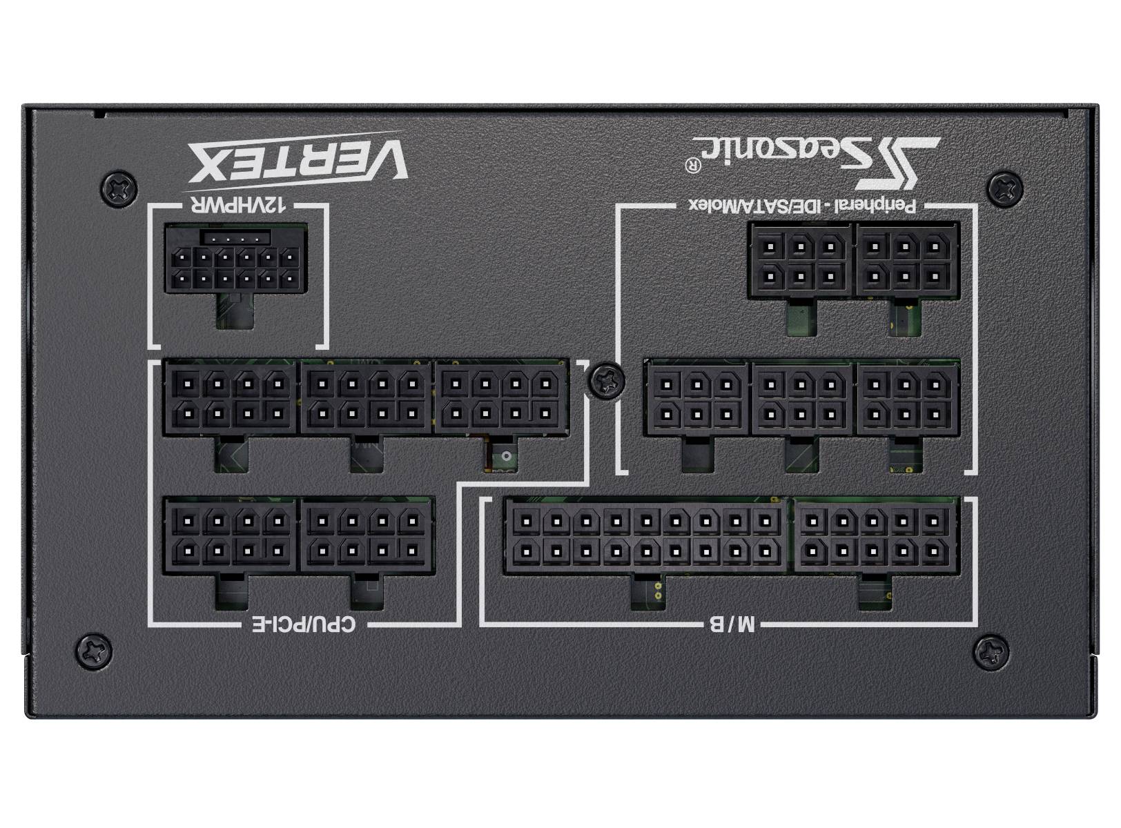Kryt počítačového zdroje s různými konektory pro CPU, GPU a základní desku.
