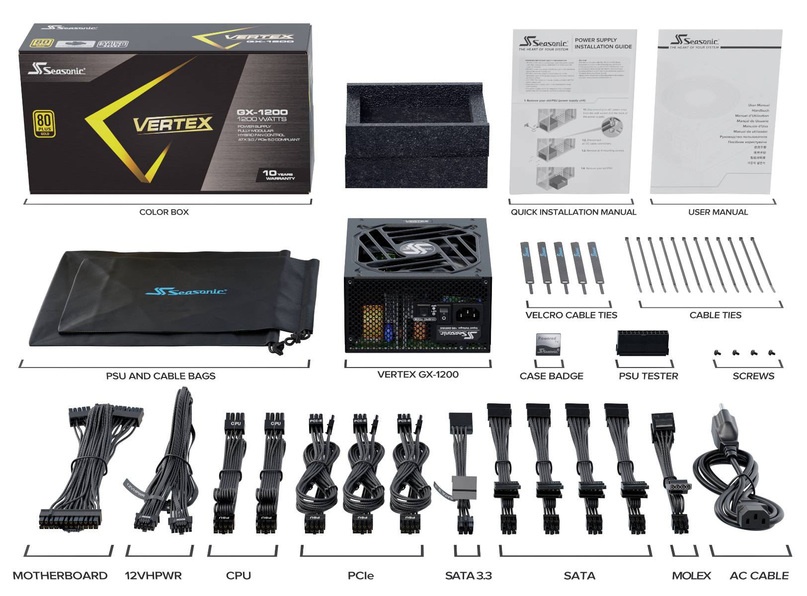 Zdroj napájení Seasonic Vertex GX-1200: Obsah balení obsahuje kabely, manuály, tester a upevňovací šrouby. Vhodné pro sestavení počítače.