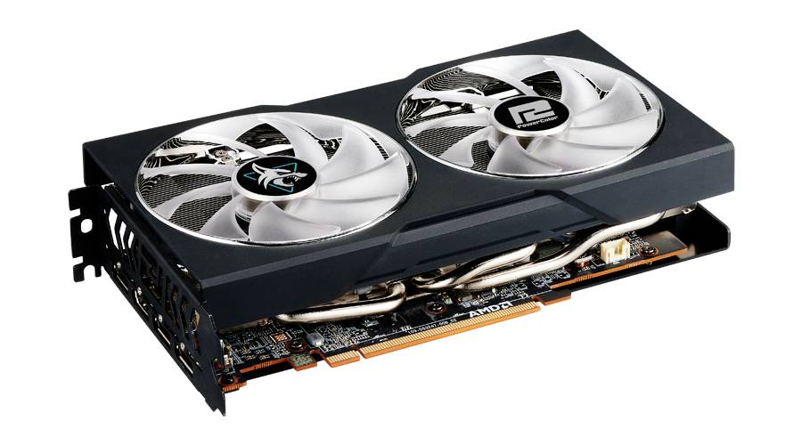 Grafická karta se dvěma velkými ventilátory a viditelnými chladicími žebry, vhodná pro výkonné počítačové aplikace.
