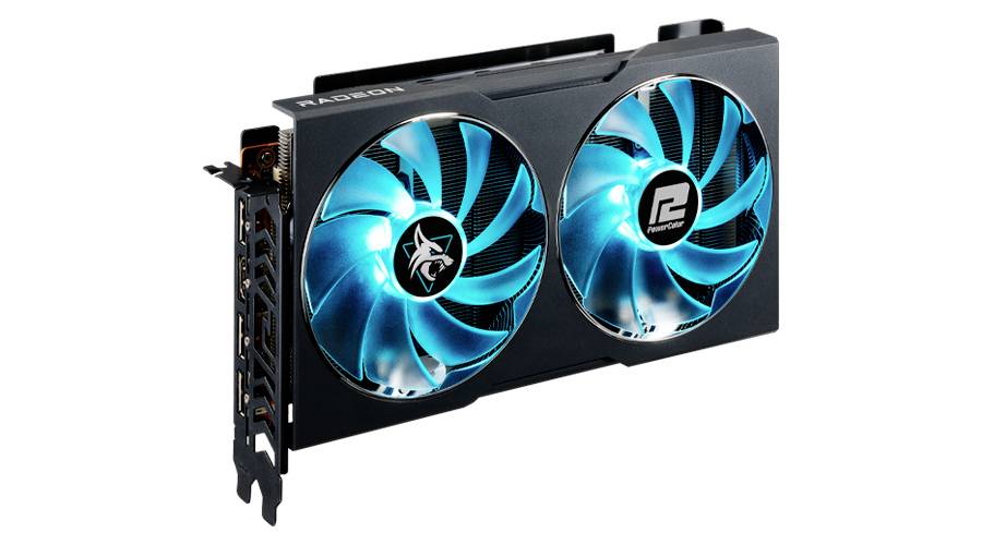 Černá grafická karta se dvěma velkými ventilátory s modrým podsvícením. Nese logo Radeon a je vhodná pro výkonné počítače.