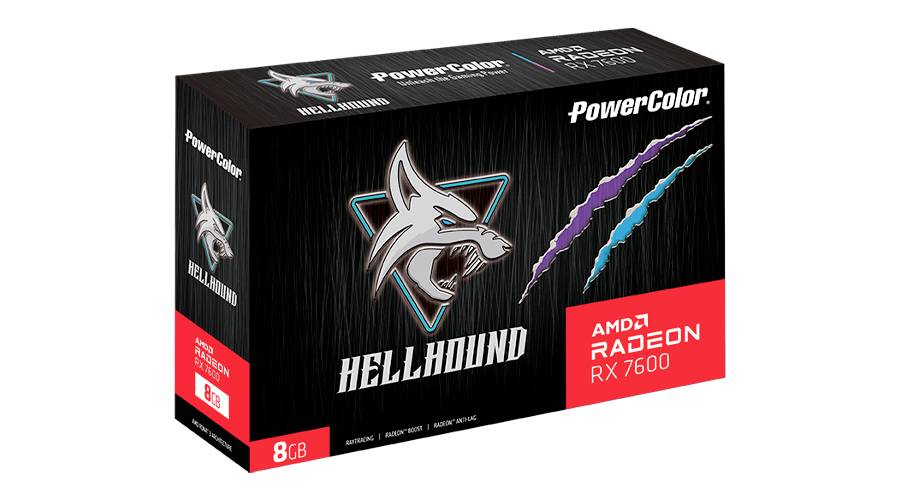 Obal grafické karty PowerColor AMD Radeon RX 7600 Hellhound s 8 GB paměti, zobrazující firemní logo s vlkem a stopami drápů.
