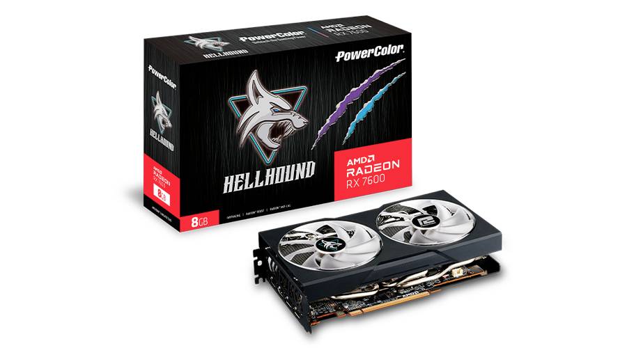 Grafická karta PowerColor Hellhound AMD Radeon RX 7600 s obalem. Obal zobrazuje logo a název modelu, zdůrazňuje herní výkon.