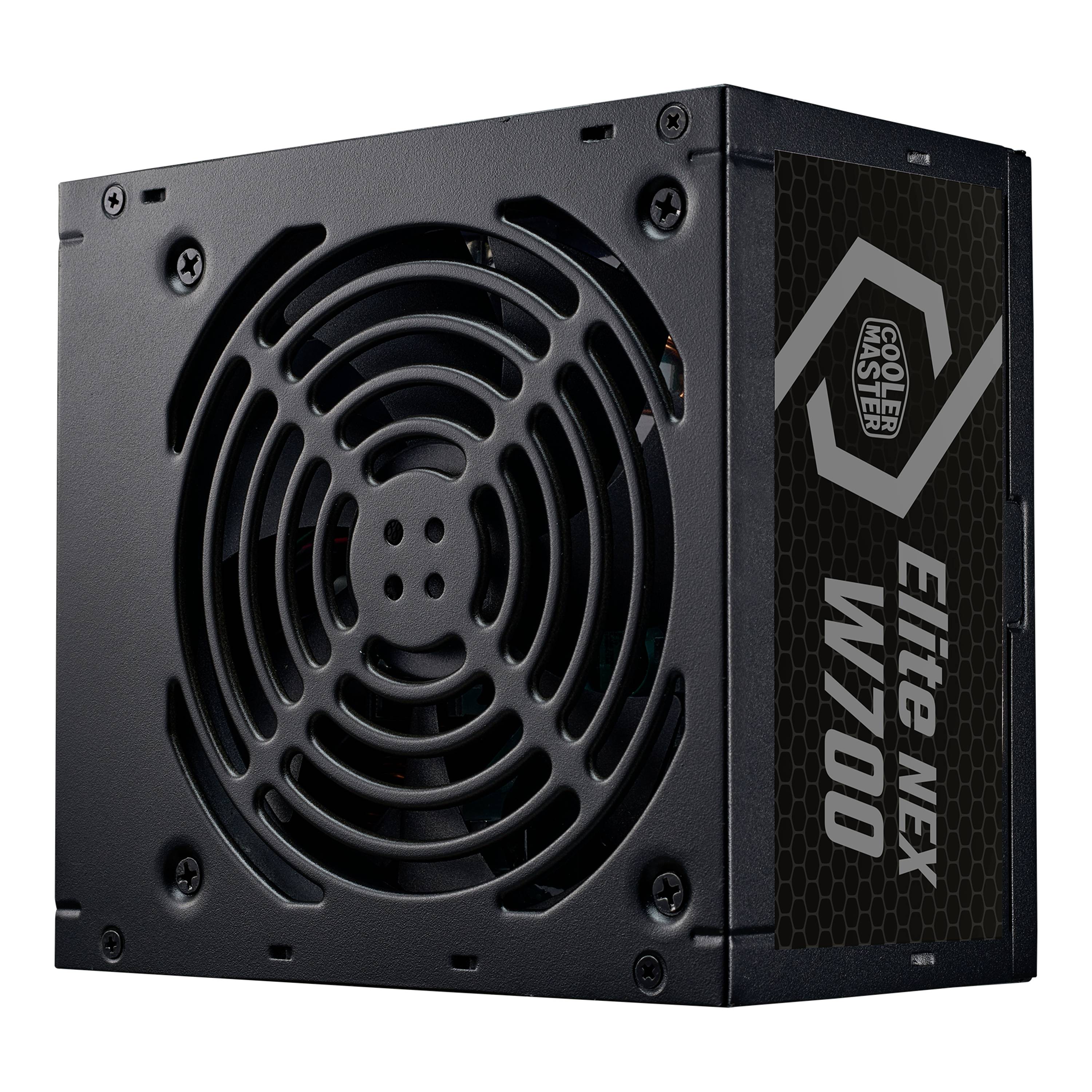 Černý napájecí zdroj počítače s mřížkou ventilátoru a nápisem 'Cooler Master Elite NEX W700'.