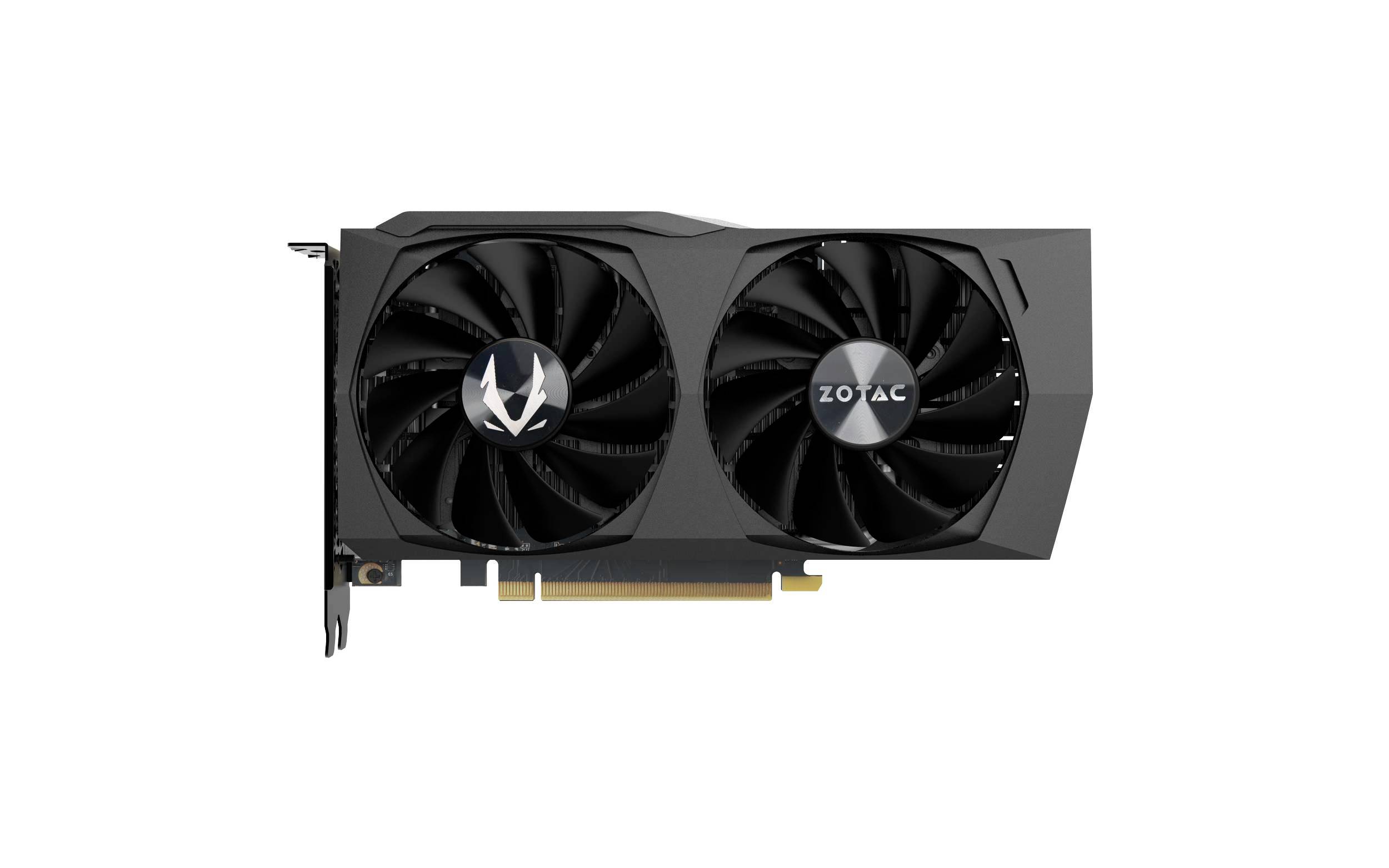 Grafická karta se dvěma ventilátory a VGA konektorem, černý design, název značky 'Zotac' viditelný na jednom z ventilátorů.