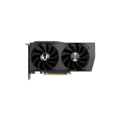 Grafická karta se dvěma ventilátory a VGA konektorem, černý design, název značky 'Zotac' viditelný na jednom z ventilátorů.
