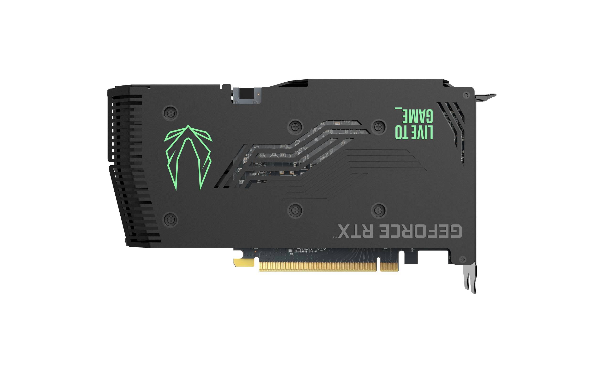 Grafická karta pohledem shora s zeleným LED nápisem 'LIVE TO GAME' a grafickým symbolem. Model GPU: GEFORCE RTX.