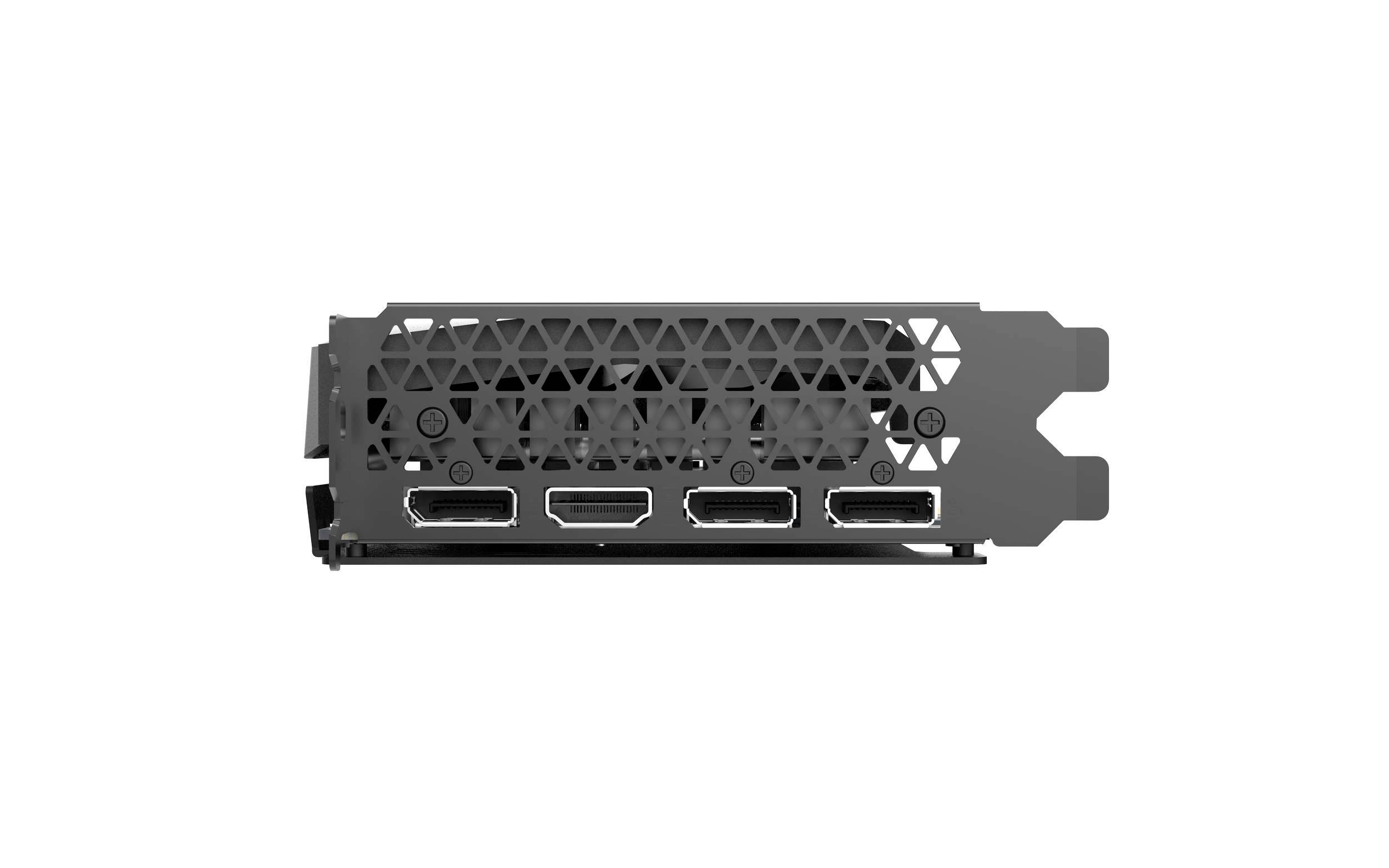 Zadní strana grafické karty se třemi HDMI porty a mřížkou ventilátoru.