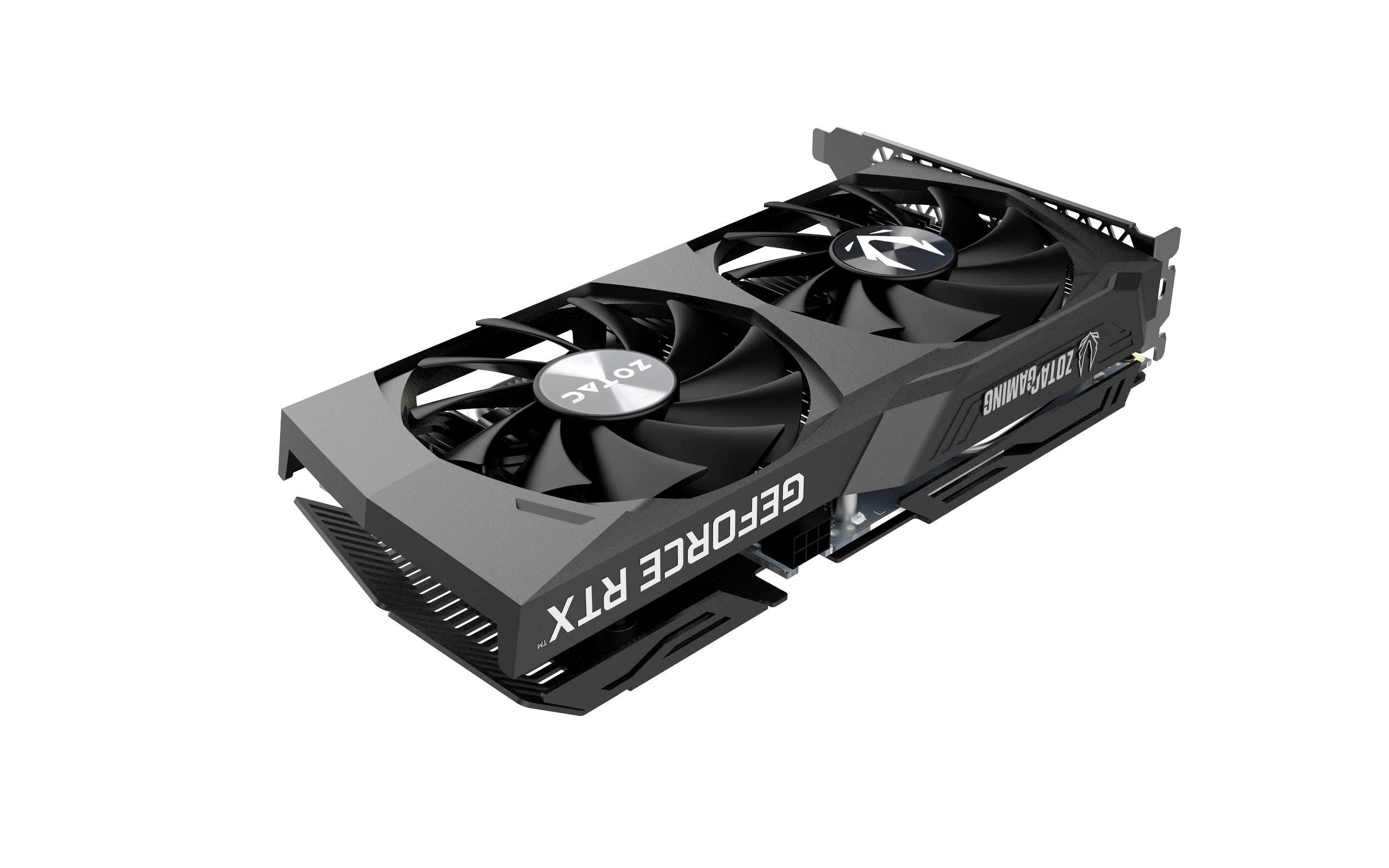 Černá grafická karta se dvěma ventilátory s nápisem 'GeForce RTX'.