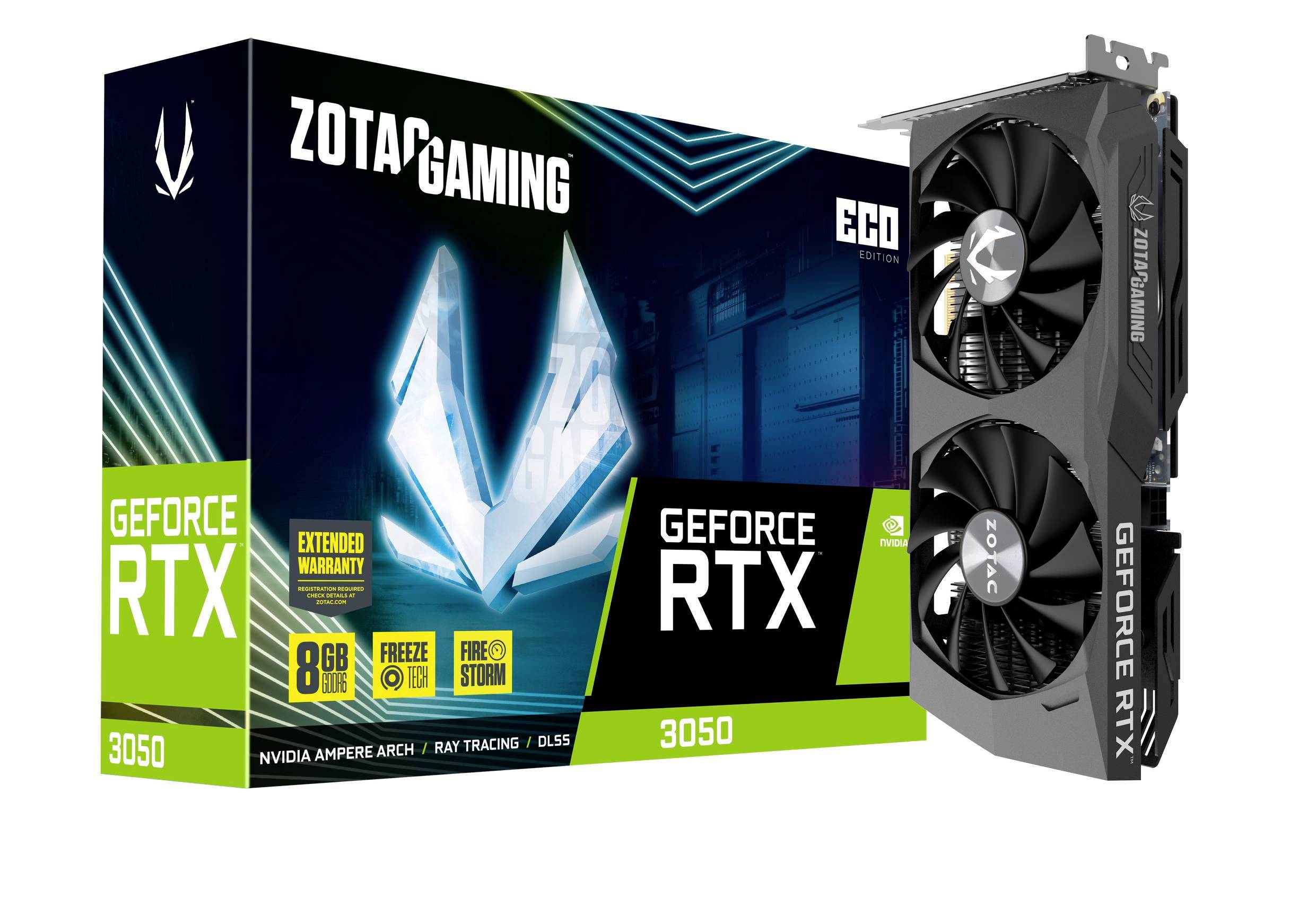 Herní grafická karta ZOTAC GAMING GeForce RTX 3050 vedle svého obalu. Obal zvýrazňuje '8GB GDDR6', 'Rozšířenou záruku' a 'Ray Tracing'.