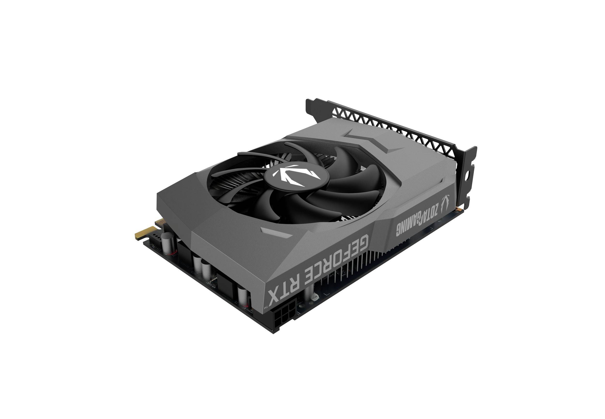 Šedá grafická karta značky Zotac s krytem ventilátoru a nápisem 'ZOTAC GAMING GeForce RTX'.