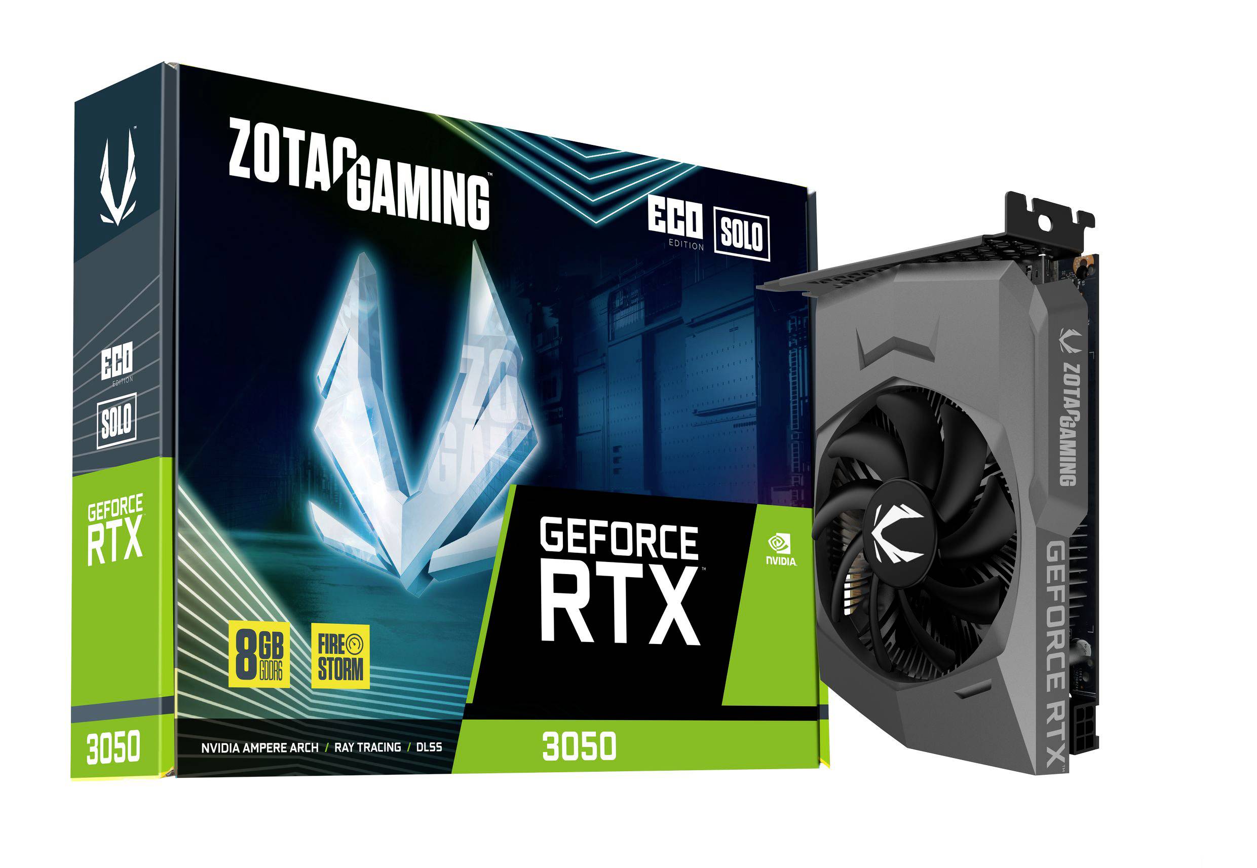 Grafická karta ZOTAC Gaming GeForce RTX 3050, 8 GB GDDR6, s výrazným designem a ventilátorem. Balení zdůrazňuje výkon a energetickou účinnost.