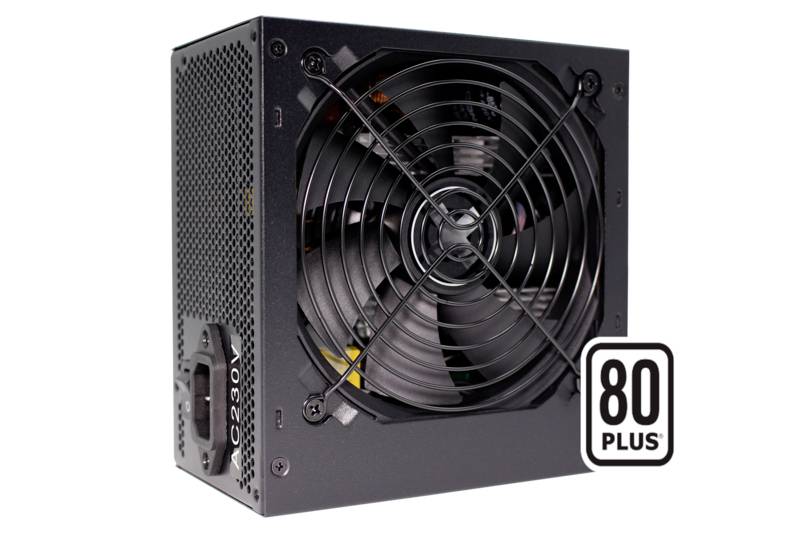 Černý počítačový napájecí zdroj s ventilátorem a energetickou úspornou certifikací '80 Plus' se nachází na bílém pozadí.
