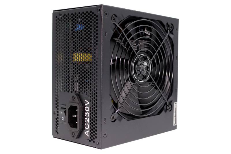 Počítačový napájecí zdroj s ventilátorem a 230V připojením, černá skříň. Vhodný pro napájení počítačů.