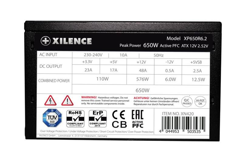 Napájecí zdroj od Xilence, model XP650R6.2, maximální výkon 650W. Obsahuje vstupní/výstupní hodnoty, bezpečnostní upozornění a certifikáty.