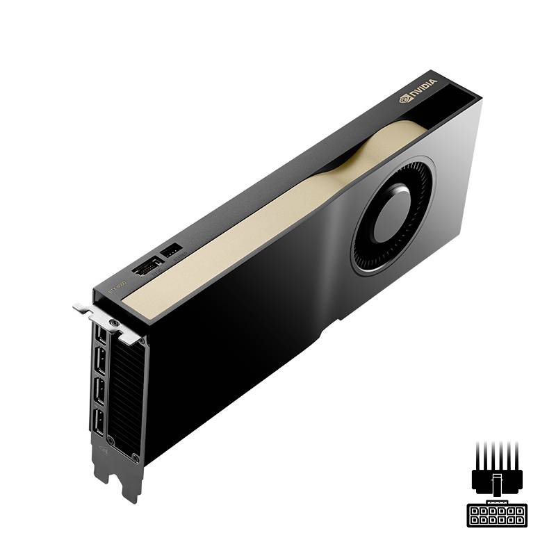 Grafická karta NVIDIA je zobrazena z mírného nadhledu, v černé barvě se zlatými akcenty a několika konektory na zadní straně.