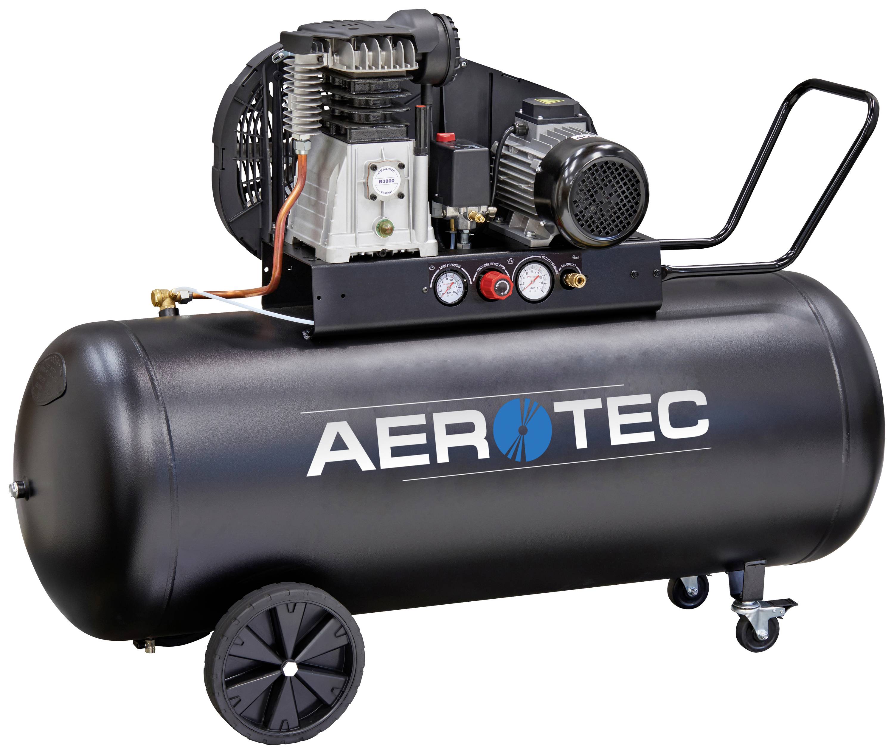 Černý kompresor s nápisem "Aerotec", vybavený tlakoměrem a motorem, umístěný na kolečkách pro snadnou mobilitu.