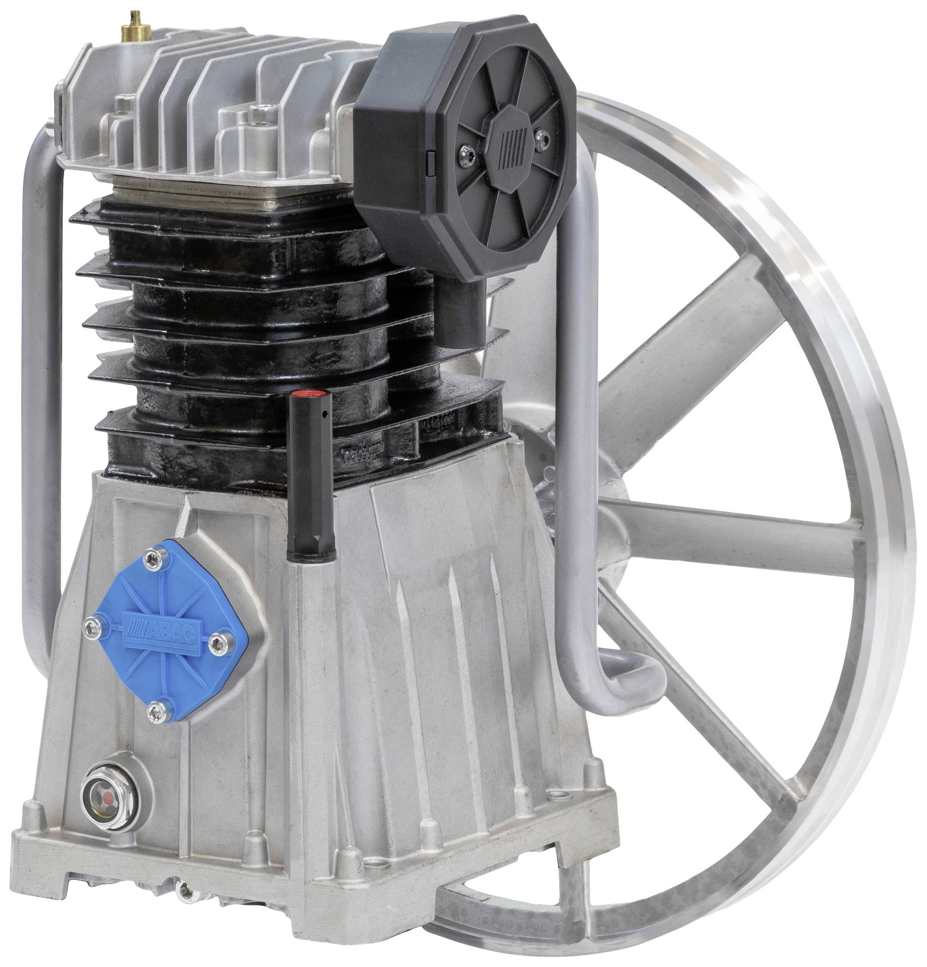Vzduchový kompresor se stříbrným tělem, velkým ventilátorem a modrým ventilem. Vhodný pro průmyslové aplikace nebo dílny.
