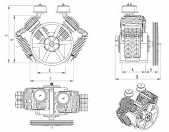 Technický výkres V-motoru s několika pohledy, kótováním a detaily uspořádání válců a motorových komponent.