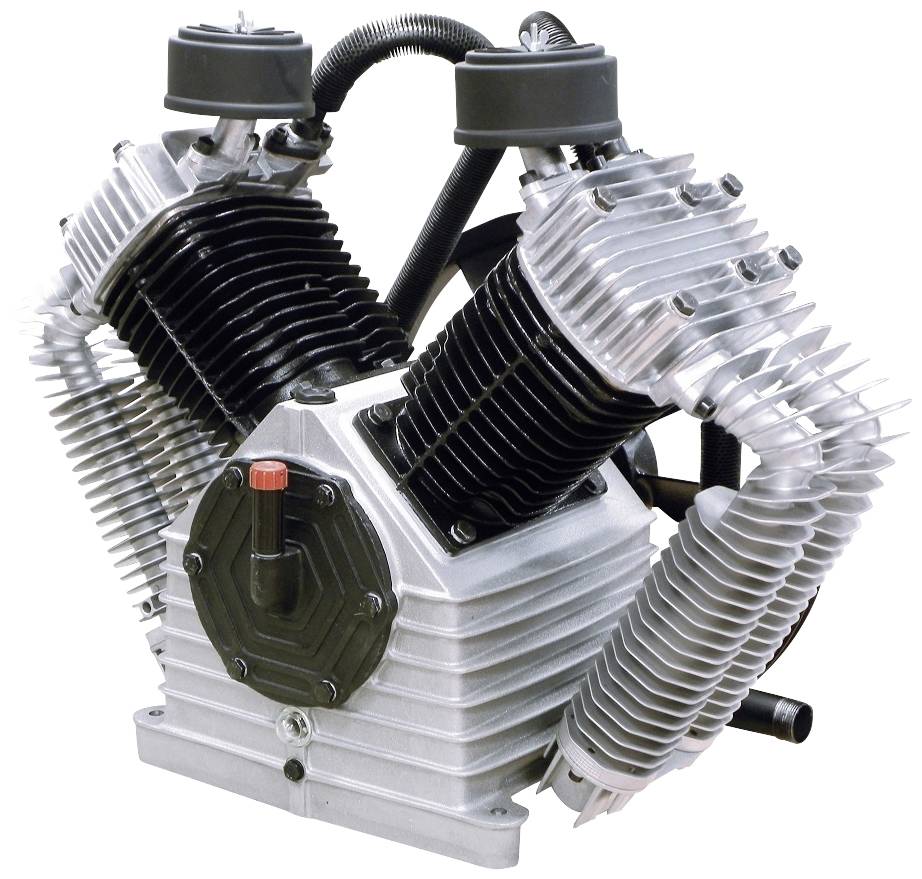 V-motor se dvěma válci, stříbrné a černé chladicí žebra, viditelné zapalovací svíčky.