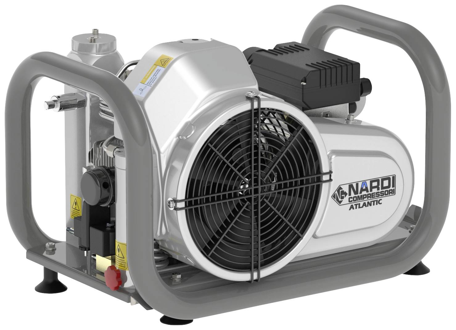 Přenosný kompresor v šedém rámu s velkým ventilátorem a černým motorem. Označen jako 'Nardi Compressori Atlantic'.