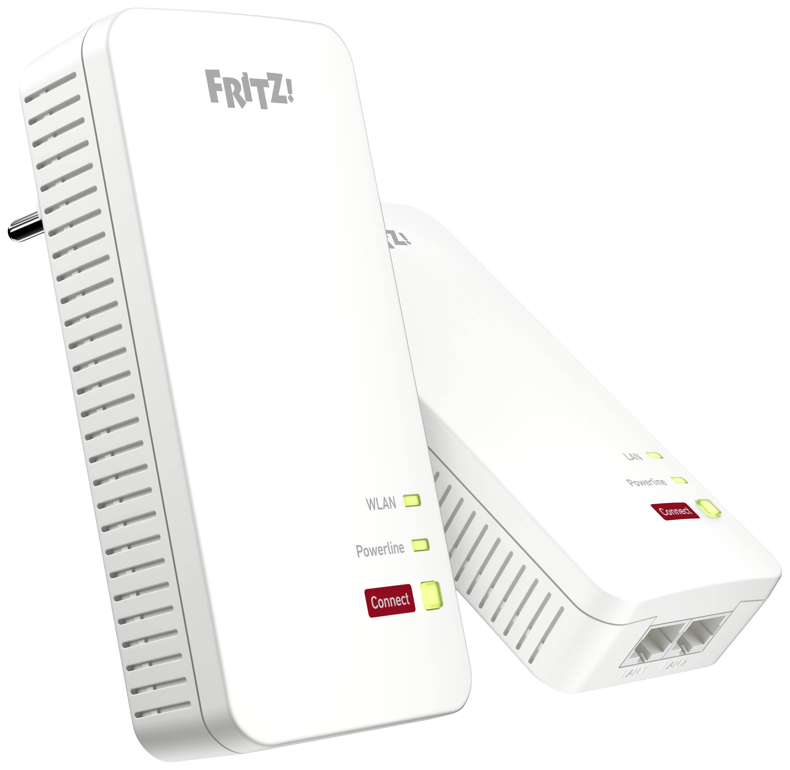 Adaptérová sada FRITZ!Powerline: Dva bílé adaptéry s LED indikátory pro WLAN a Powerline. Hlavní adaptér s napájecím připojením a ethernetovými porty.