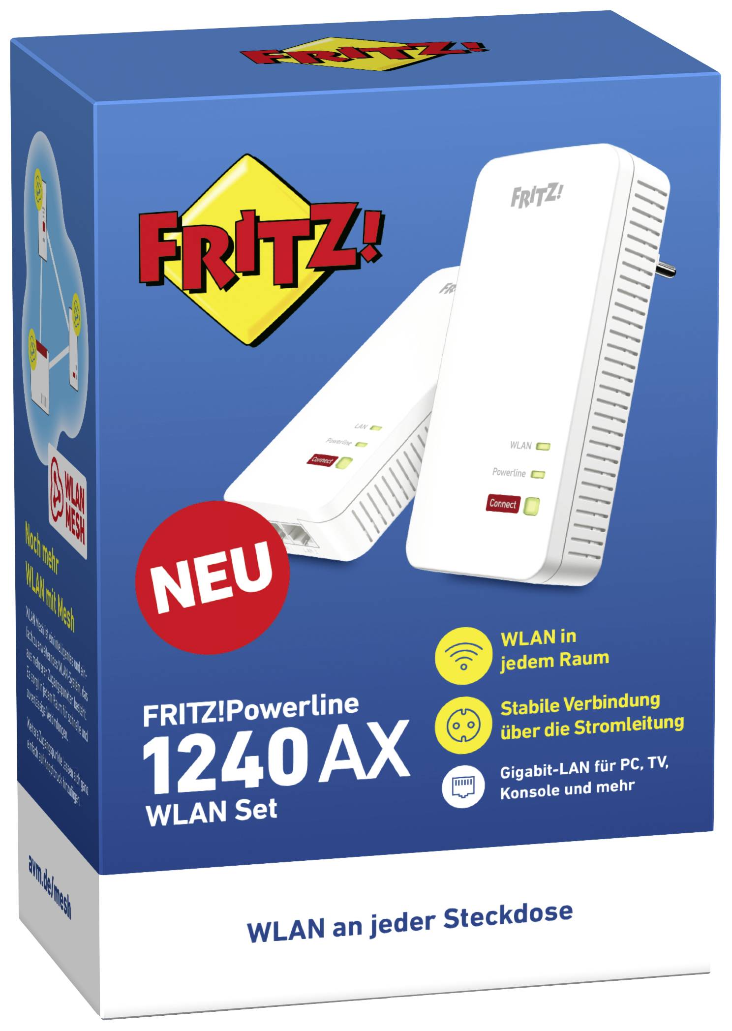 Obal produktu sady FRITZ!Powerline 1240 AX WLAN. Propagováno: Wi-Fi v každé místnosti, stabilní připojení, gigabitový LAN.
