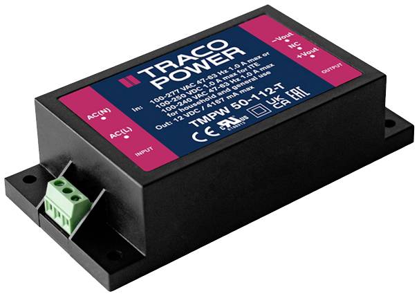 Černé zařízení Traco Power s červeným a modrým štítkem, zobrazující technické specifikace a určené pro napájení.