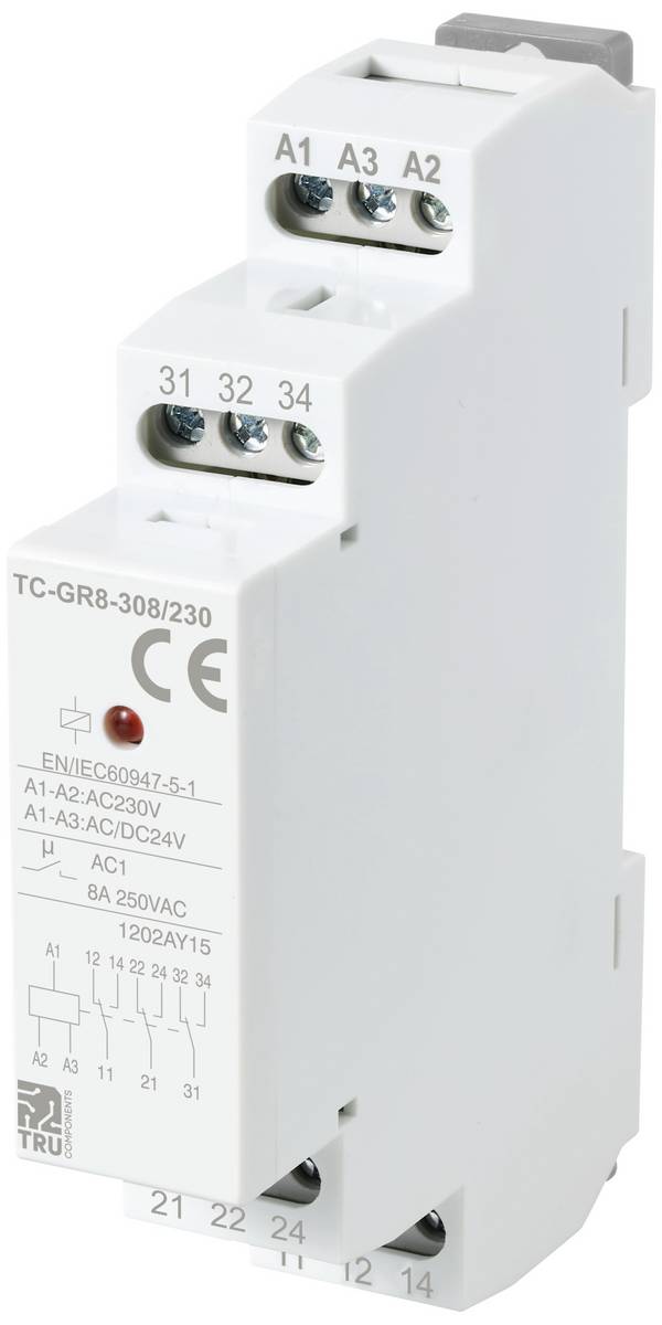 TRU COMPONENTS TC-GR8-308/230 pomocný spínač 3 přepínací kontakty 24 V/AC, 24 V/DC, 230 V/AC 8 A 1 ks