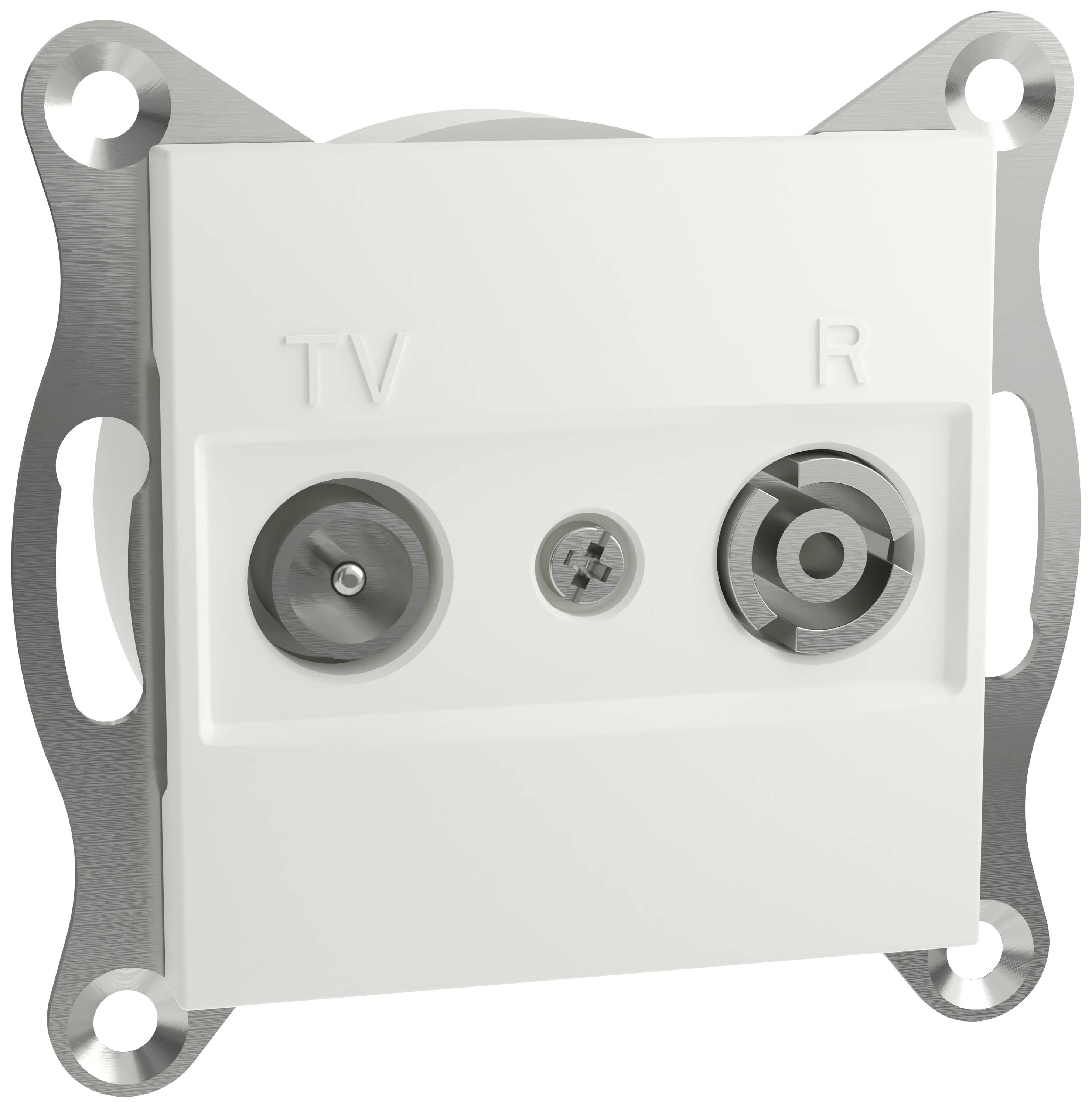 Televizní a rozhlasová zásuvka pro podomítkovou montáž se dvěma přípojkami, označenými 'TV' a 'R'. Bílý kryt s kovovým držákem.