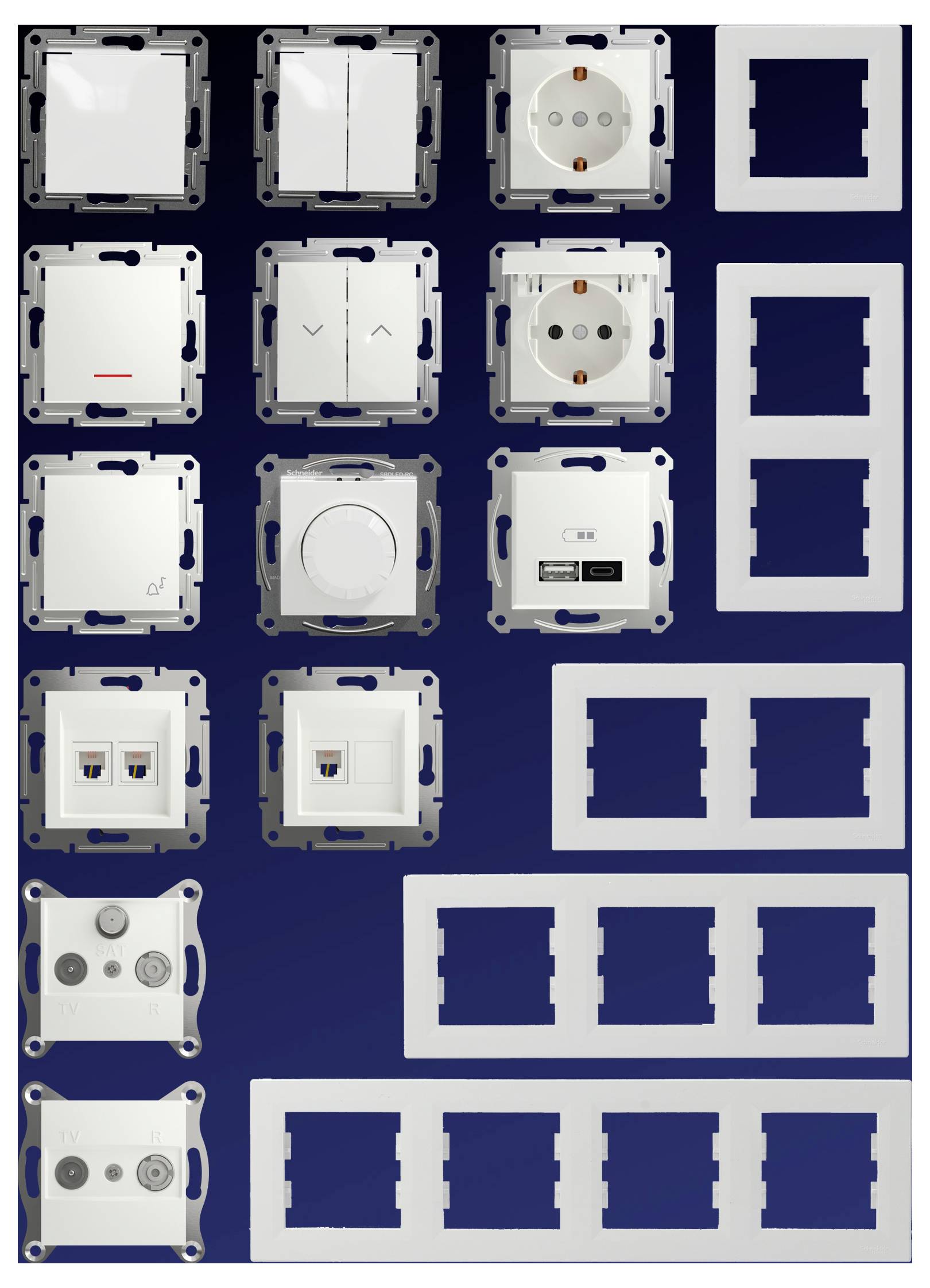 Různorodé modulární elektrickéobaly přepínačů, zásuvek a prázdných čelních desek uspořádané v mřížce na tmavě modrém pozadí.