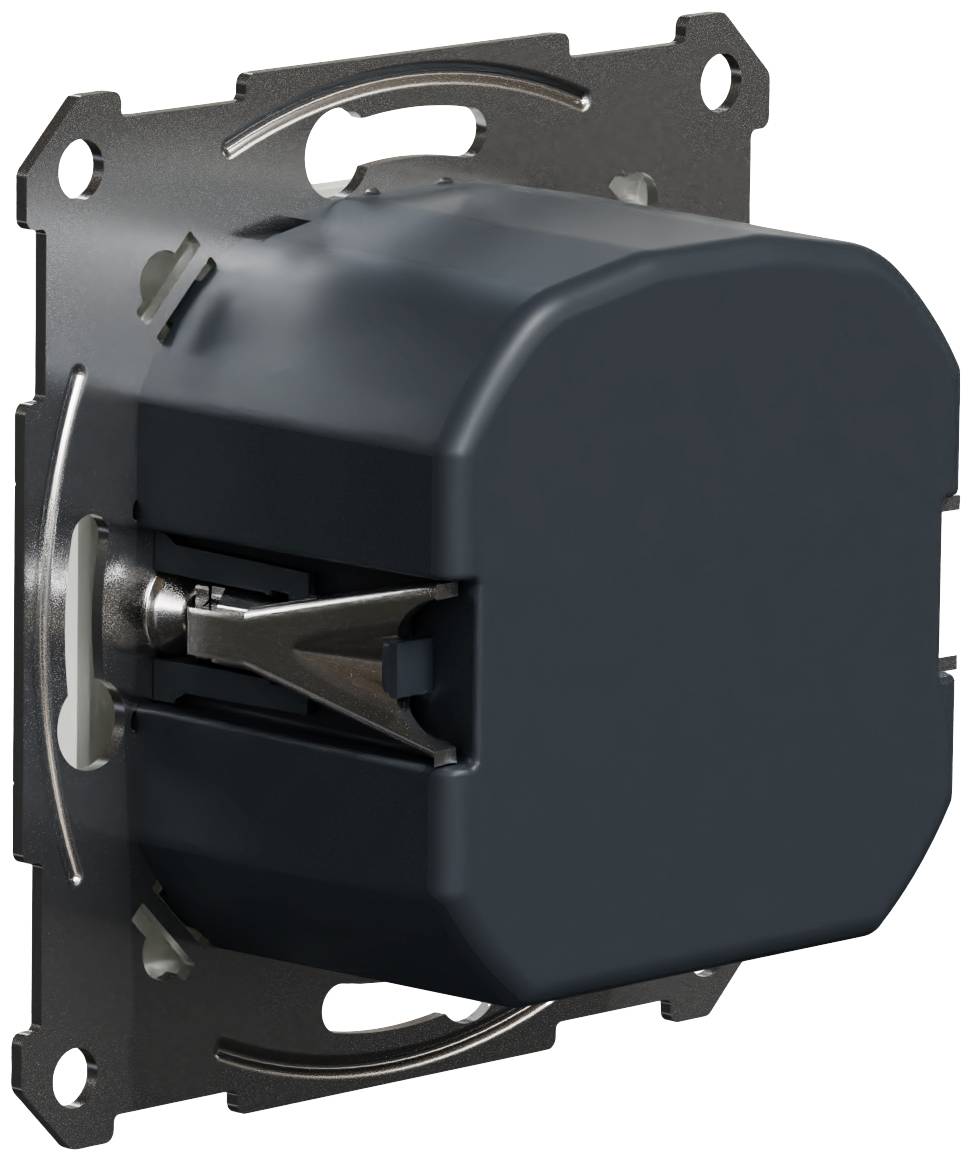 Zapuštěný vypínač s šedým krytem a kovovým montážním rámečkem, boční spínací mechanismus je viditelný.