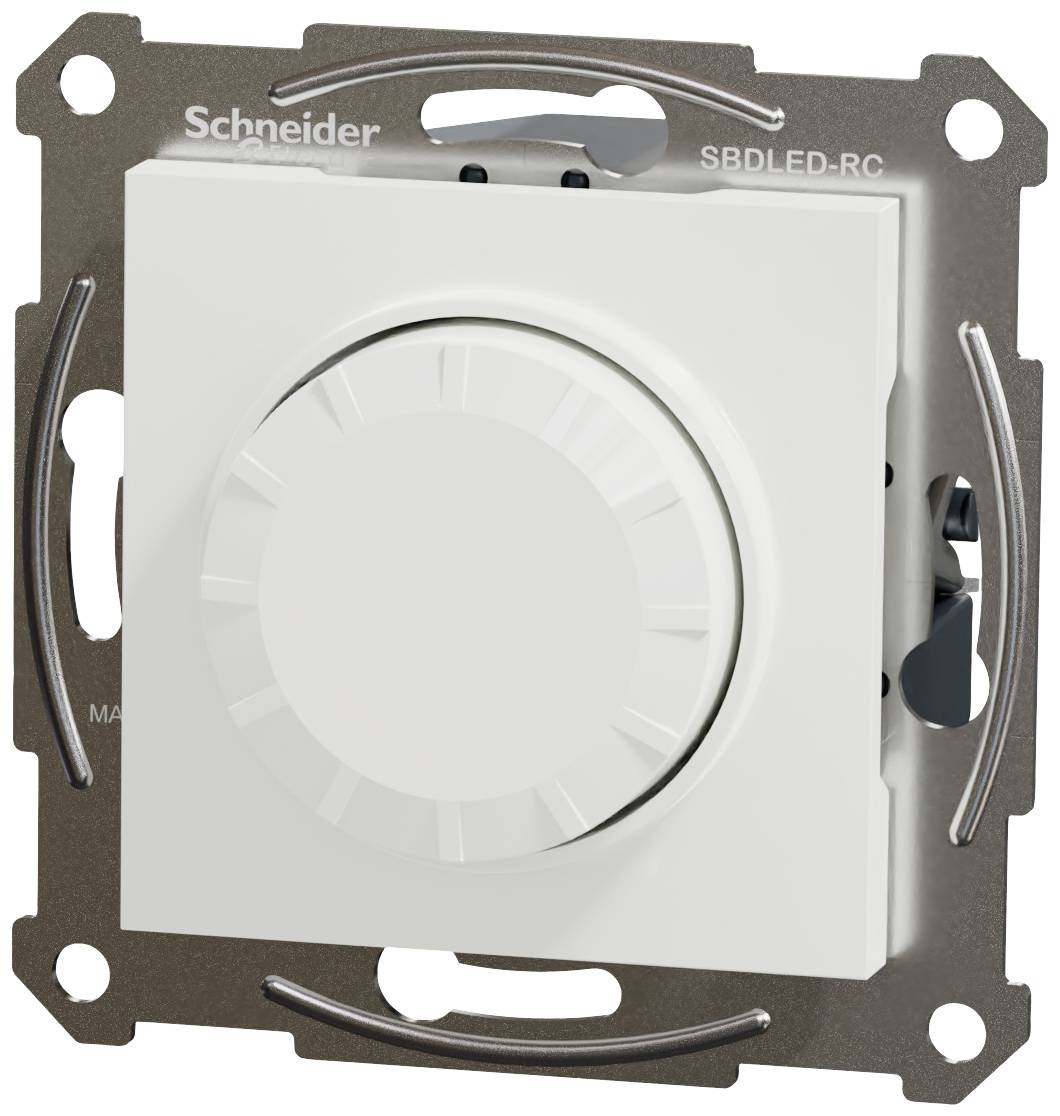 Stmívač od Schneider Electric, model 'SBDLED-RC'. Bílý s kulatým otočným knoflíkem. Namontovaný v kovovém rámu.