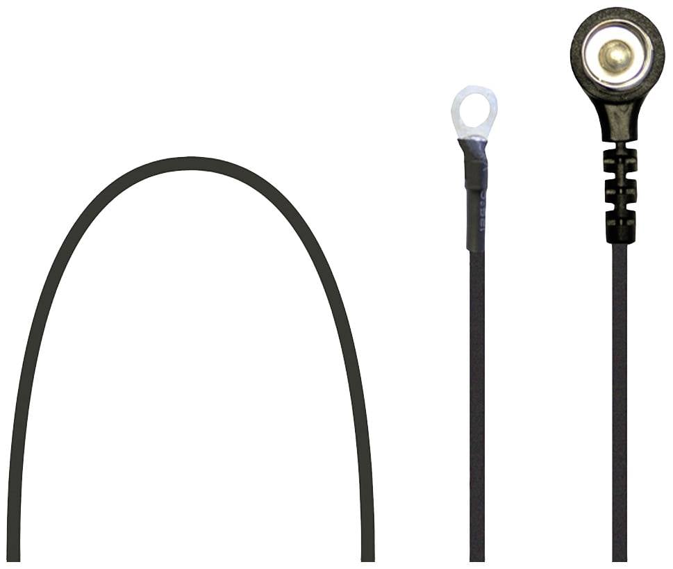 Černý kabel baterie s kroužkovou svorkou vlevo a kulatou přípojkou vpravo.